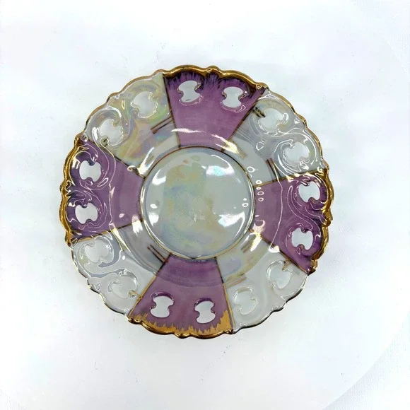 Vtg Enesco Iridescent Purple White Gold Trim Footed Teacup Saucer Set - Picture 6 of 9